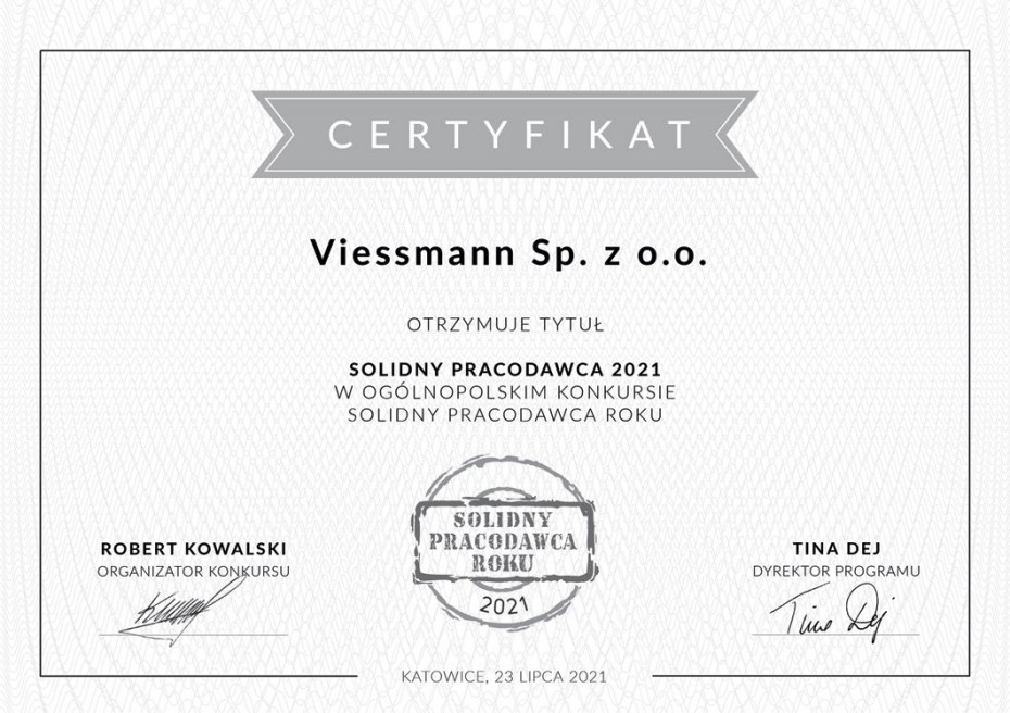 VIESSMANN kolejny raz z nagrodą Solidny Pracodawca