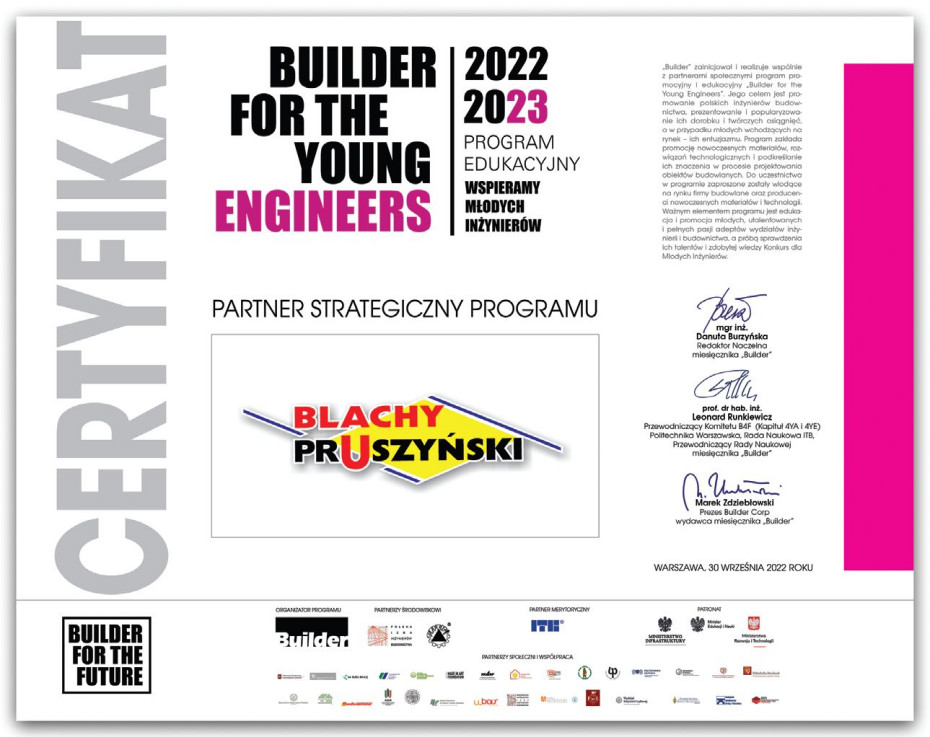 BLACHY PRUSZYŃSKI partnerem strategicznym programu Builder for the Young Engineers 2022/2023