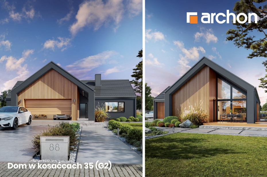 Nowoczesna parterówka 110 m2 z garażem i wysokim przeszkleniem - gotowy projekt ARCHON+