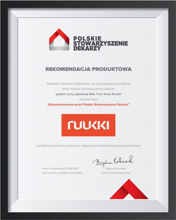 Rekomendacja Polskiego Stowarzyszenia Dekarzy dla systemu rynny głębokiej SIBA TECH