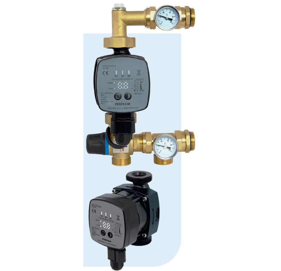 Zespół mieszający do ogrzewania podłogowego z pompą i zaworem trójdrożnym do belek rozdzielaczy