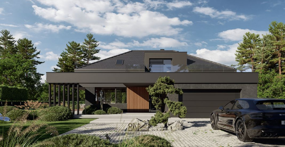 Elegancka rezydencja z antresolą i tarasem nad garażem - HOMEKONCEPT 148
